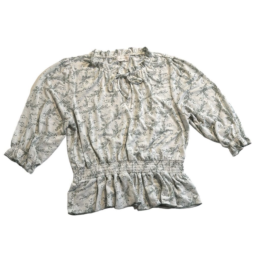 Melloday Floral Sage White Peplum Blouse Size Large